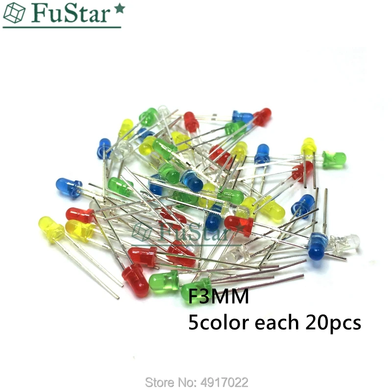 

100Pcs/lot 5 Colors F3 3MM Round LED Assortment Kit Ultra Bright Diffused Green/Yellow/Blue/White/Red Light Emitting Light Beads