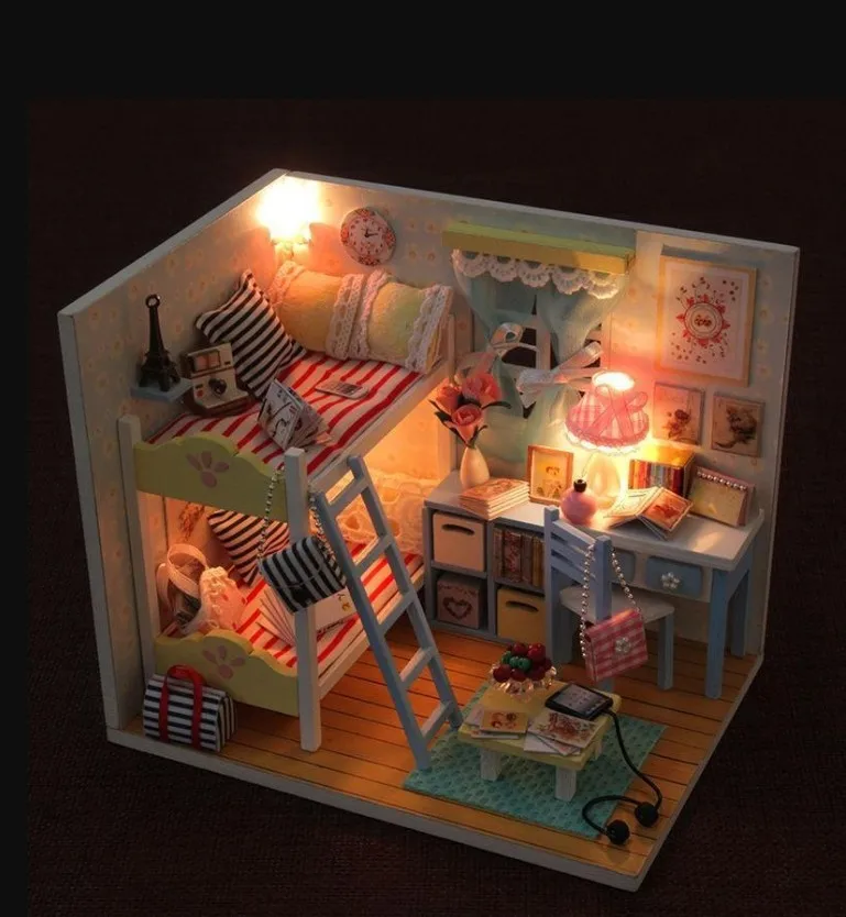 

Doll House Furniture DIY Miniature Model Dust Cover 3D Wooden Dollhouse Birthday Gifts Toys For Children Kitten Diary With LED
