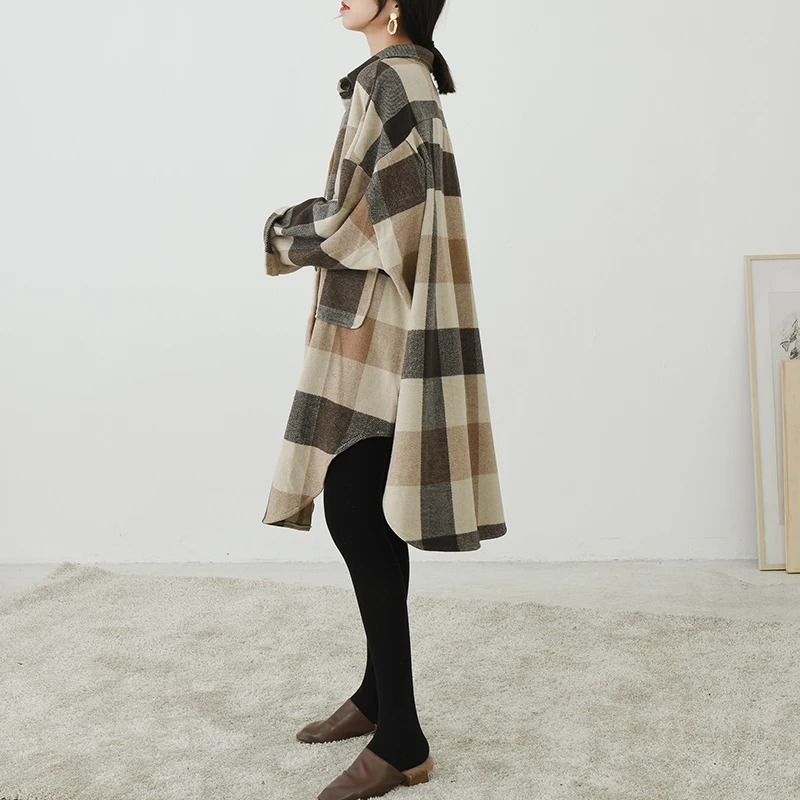 [EAM] 2019 New Spring Winter Lapel Long Sleeve Black Plaid Printed Big Size Long Woolen Coat Women Parkas Fashion Tide JL3710