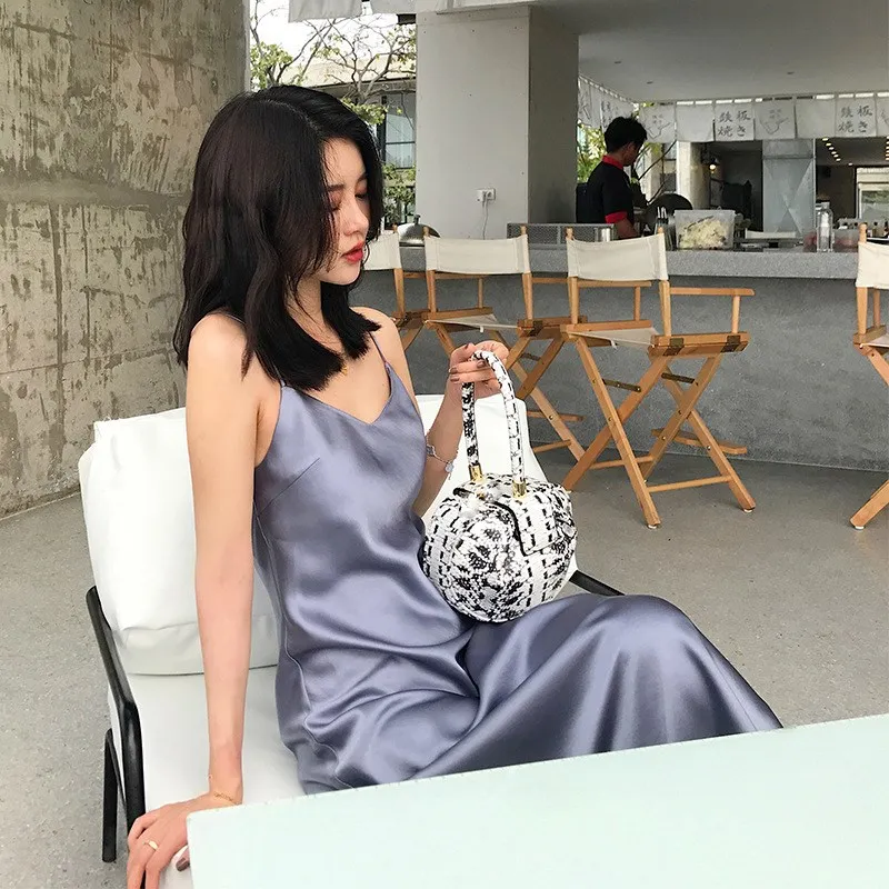 

Summer Backless Sleeveless Sexy Dress Women Ice Silk Smooth Strap Casual Solid Color Beach Party Club Dress