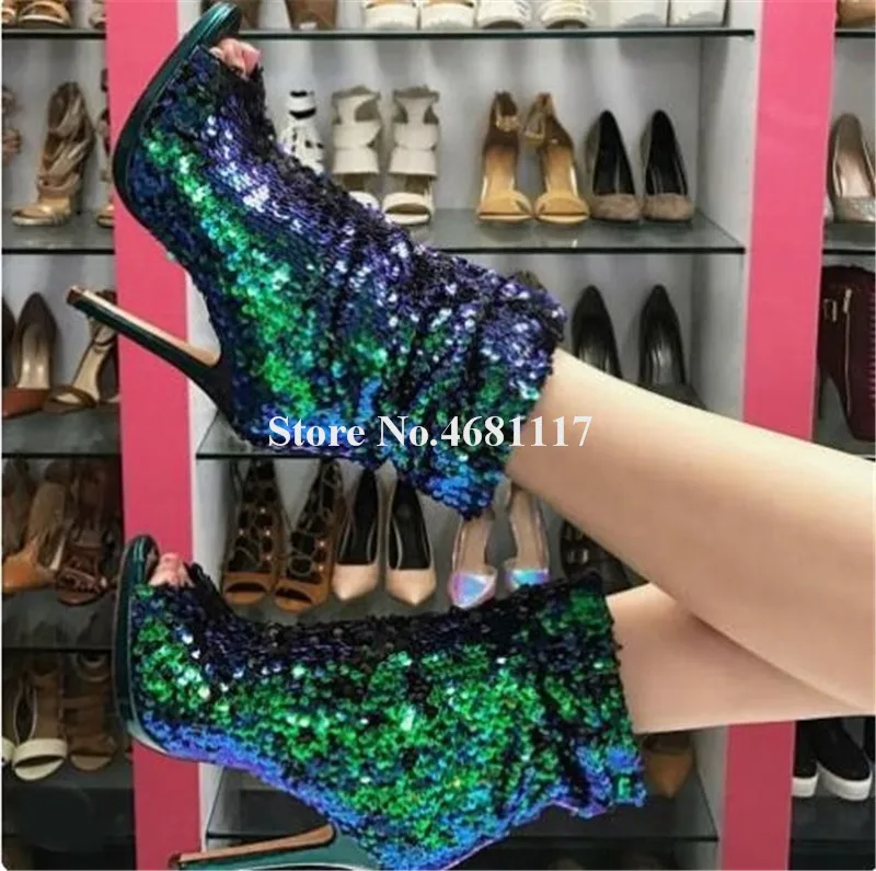 

Bling Bling Women Fashion Peep Toe Stiletto Heel Short Gladiator Boots Gold Blue Slip-on High Heel Ankle Booties Dress Shoes