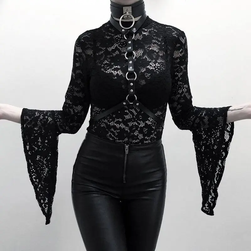 Rosetic Woman Sets Black Two Piece Goth Sexy Lace Bodysuit Rompers A Line Dress Suspender Lace Up See Through Club Wear Girl Set