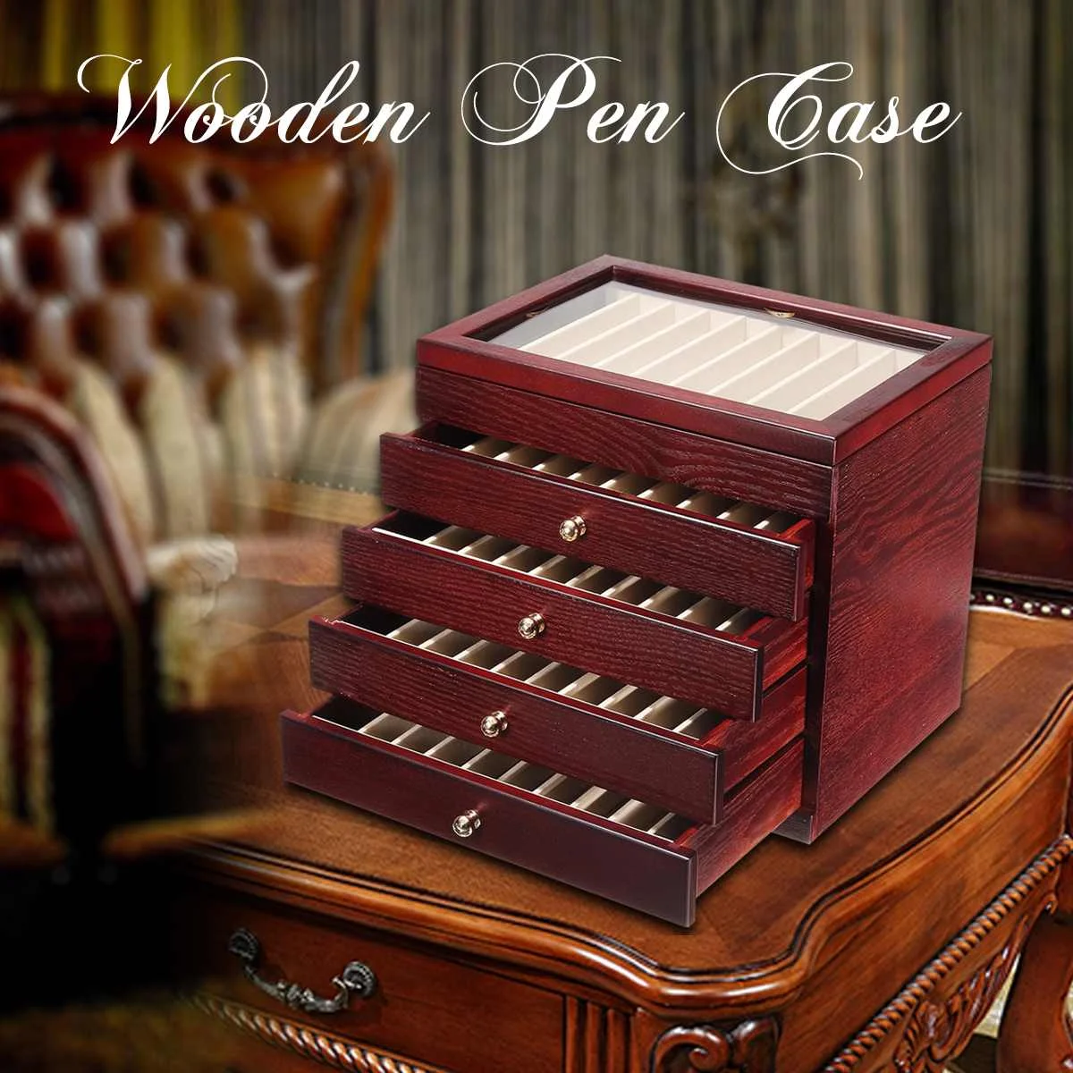 

KICUTE Wooden 5 Layer Large-capacity Wooden Box Fountain Pen Display Storage Wood Case for Office
