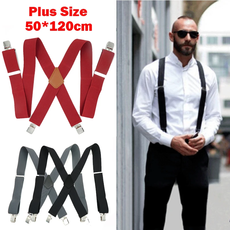 Red Color Mens 50mm Wide Braces Plain Heavy Duty Suspender Elastic Adjustable