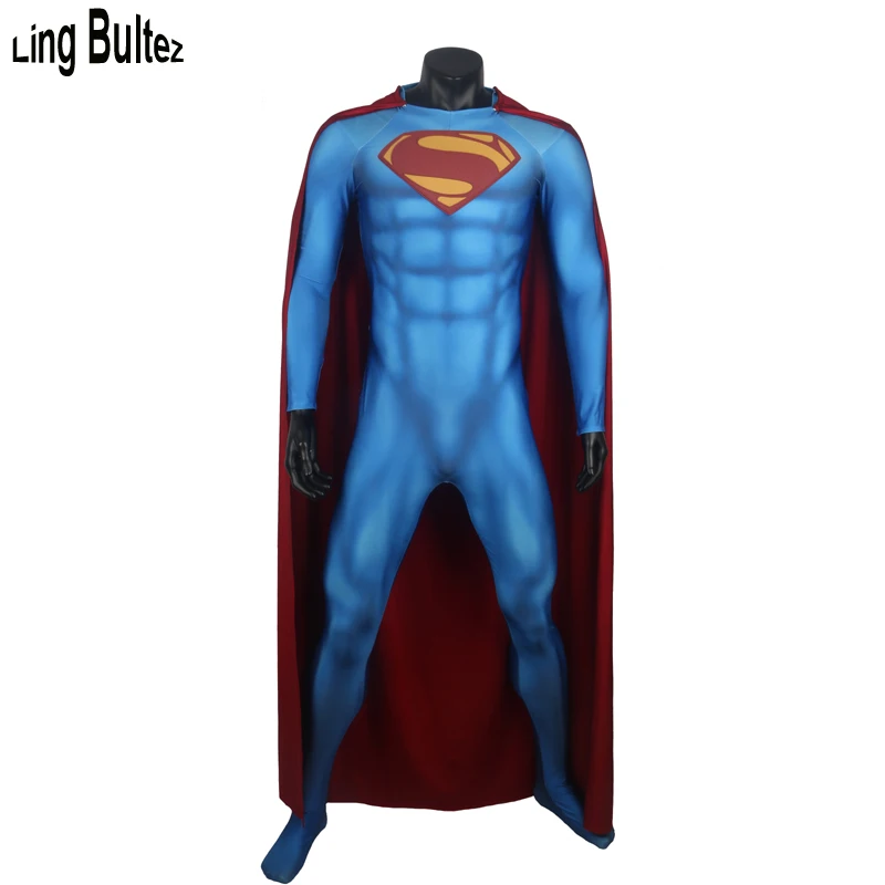 

Ling Bultez High Quality Newest Muscle Shade Superman Cosplay Costume For Halloween Relief Logo 3D Print Super Man Suit For Man