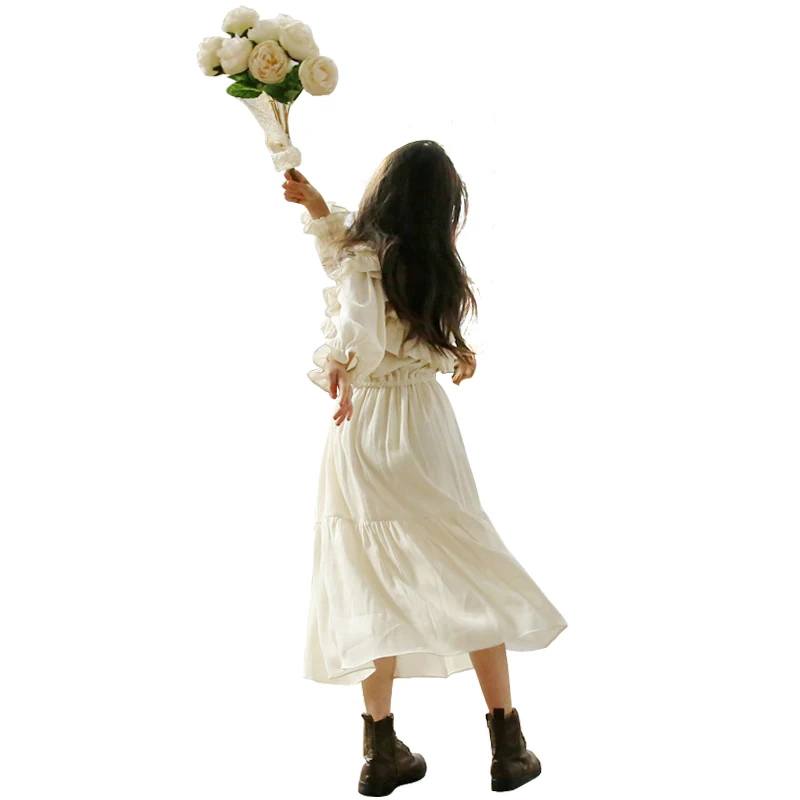 

chinese style lace chiffon ruffle long dress age for 6 - 16 yrs teenage girls autumn winter back to school dress vintage frocks