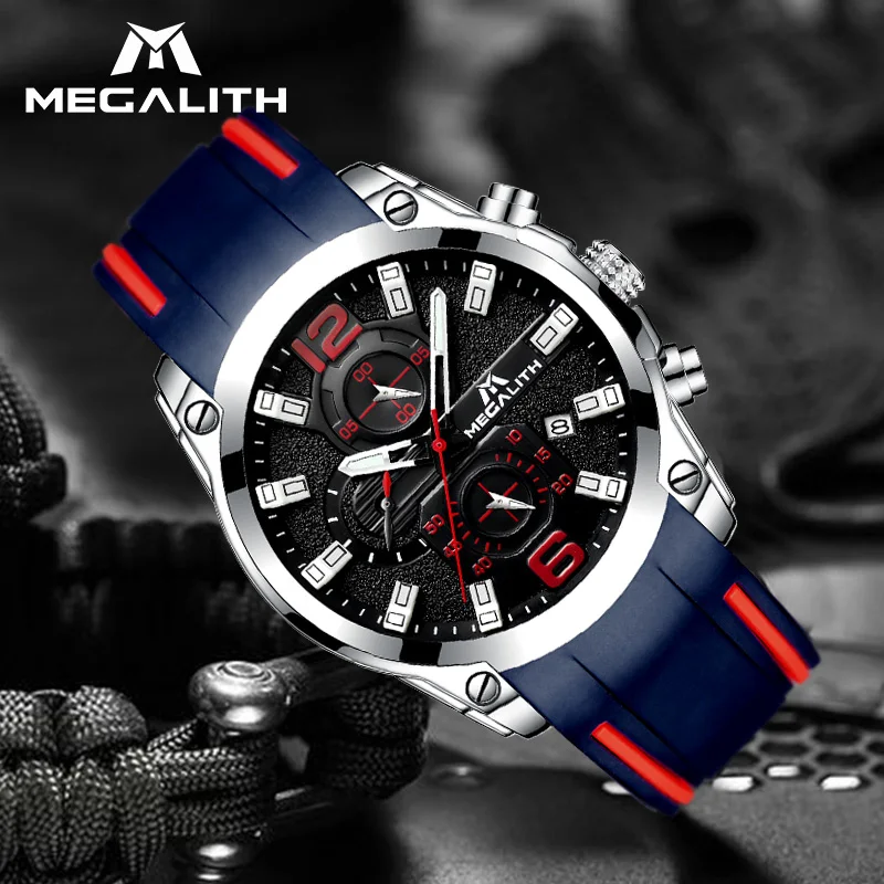 

MEGALITH Sports Watches Mens Quartz Watch Top Brand Luxury Chronograph Waterproof Date Silicone Rubber Strap Watches Men Clock