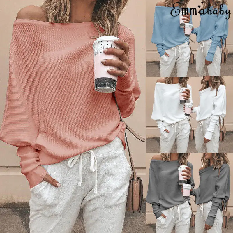 

New Women Fashion One Shoulder Batwing Sleeve Loose Oversized Pullover Sweater Knit Sweater
