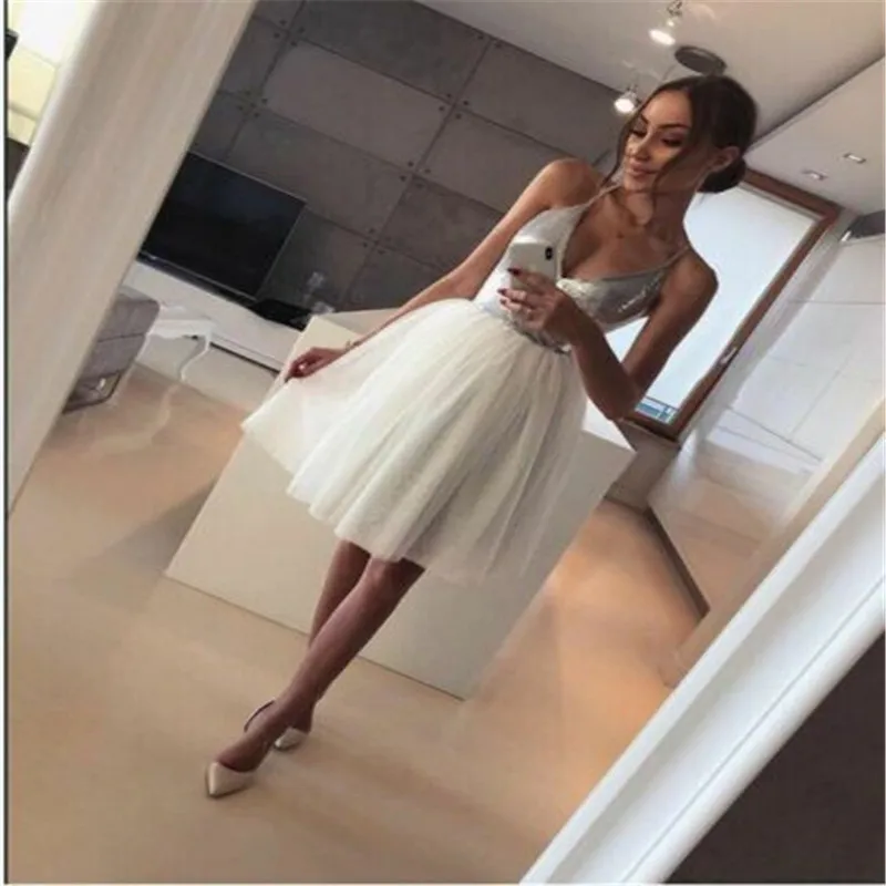 

Trendy Women dress Sequin backless strap Tulle sleeveless V-neck Party Polyester Mini Dresses one pieces