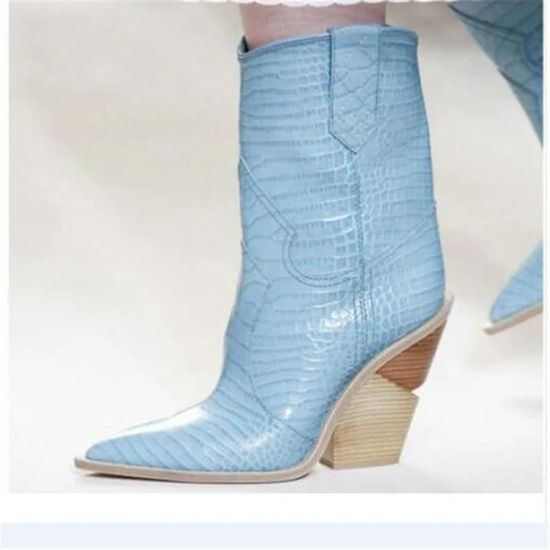 

New genuine leather wedges ankle boots women sexy snake pattern pointy toe short boots blue beige slip on high heels shoes women