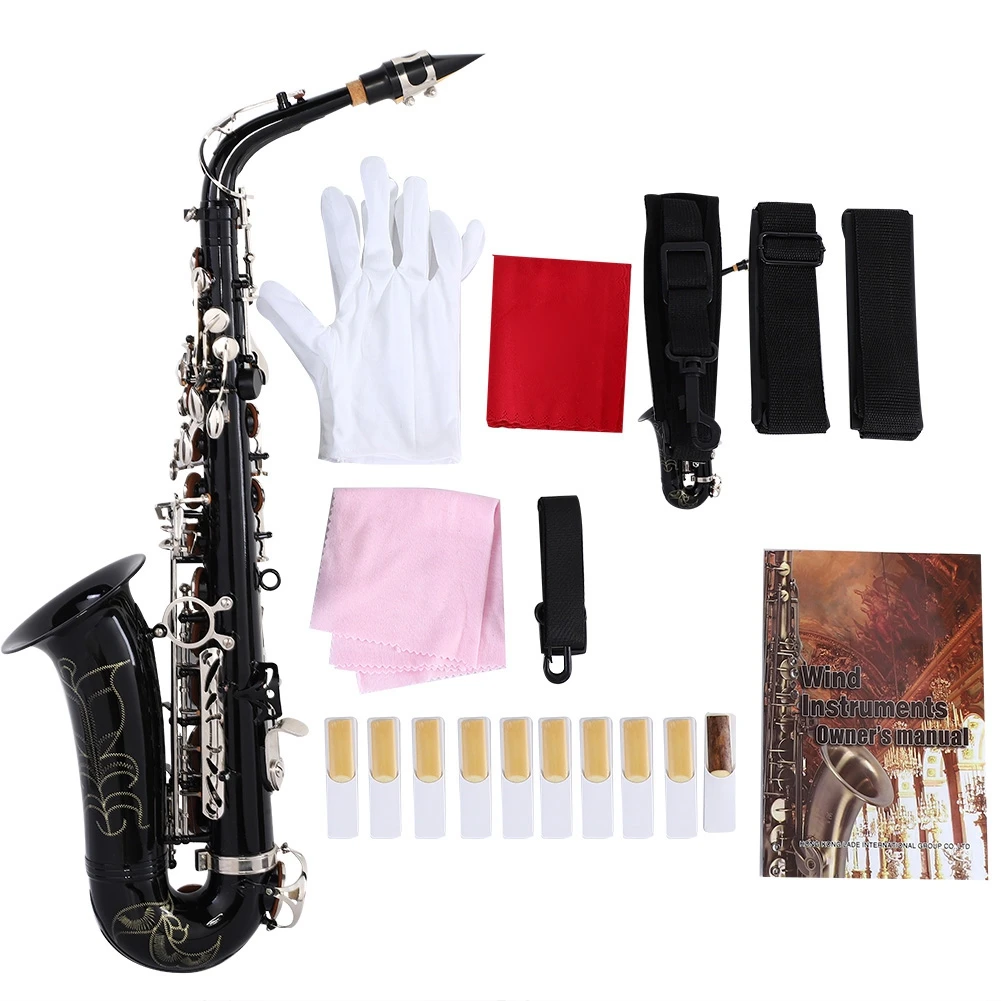 LADE Engraved Brass Eb BB Saxophone Sax of Shell Buttons with Wind Cases Instrument Cleaning Cloth Gloves Fat Belt Brush black