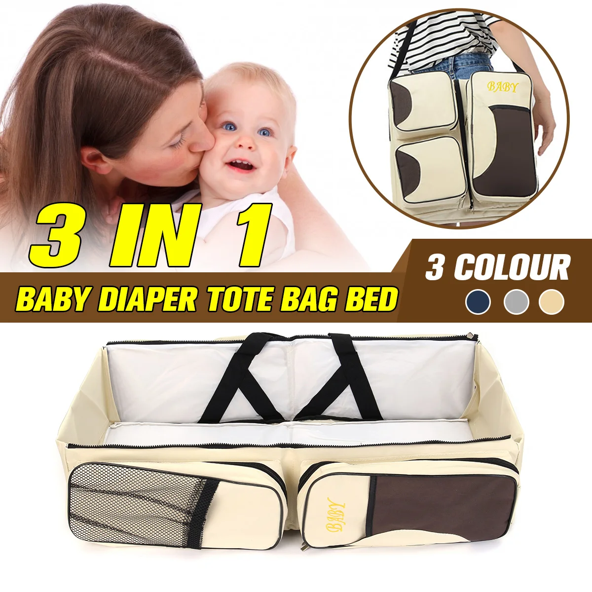 

Fashion Large Space Nappy Bag Diapers Bag Folding Mummy Travel Baby Bed Kids Bottle Cloth Case 3 in 1 Portable Nappy Nursing Bag