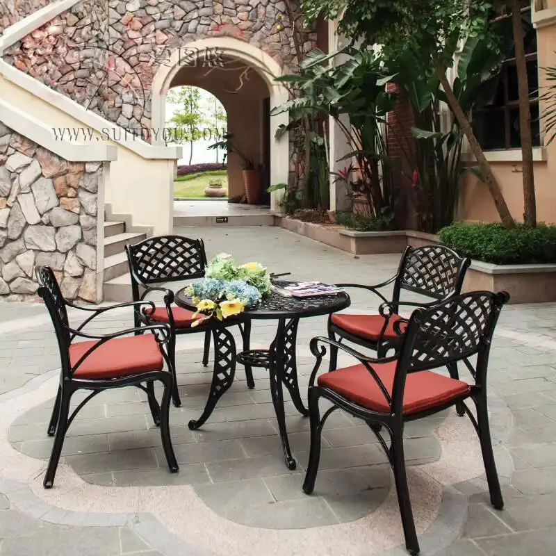 5 Piece Solid Cast Aluminum Patio Furniture Garden Set Heaving Duty Round Dining Table Arm Chair For Bar Clubs 5 Piece Solid Cast Aluminum Patio Furniture Garden Set Heaving Duty Round Dining Table Arm Chair For Bar Clubs