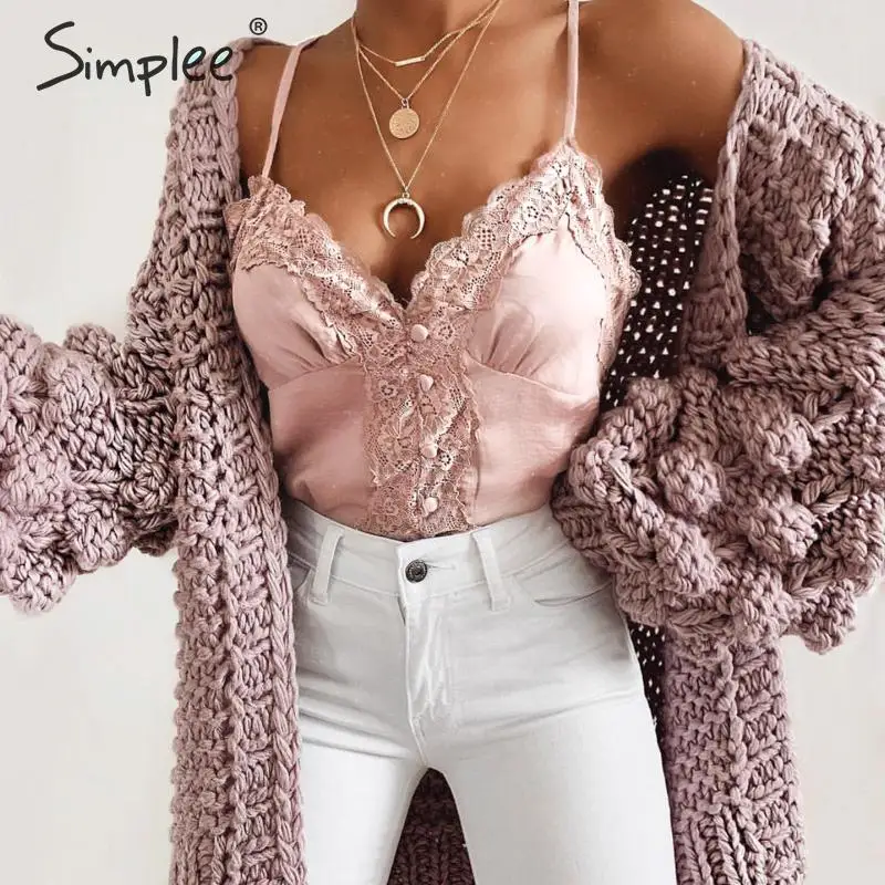 

Simplee Sexy lace embroidery women satin tops Elegant v-neck female button cami crop tops Solid spaghetti strap ladies tank tops