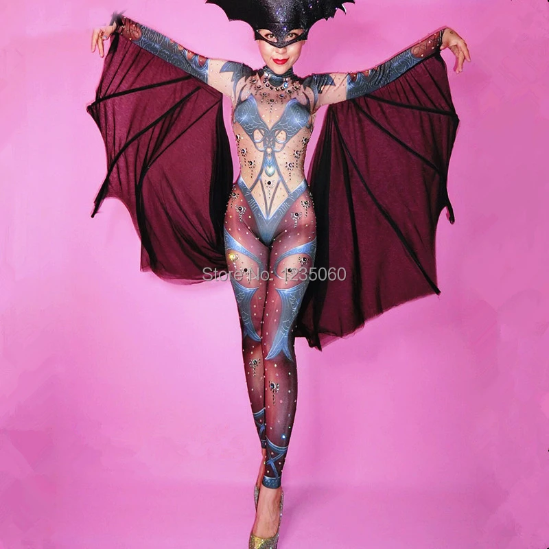 

Halloween Lady Nightclub Role Playing Costume Novelty Printed Sparkly Crystal Jumpsuit Stretch Leotard Jumpsuits Cosplay Costume