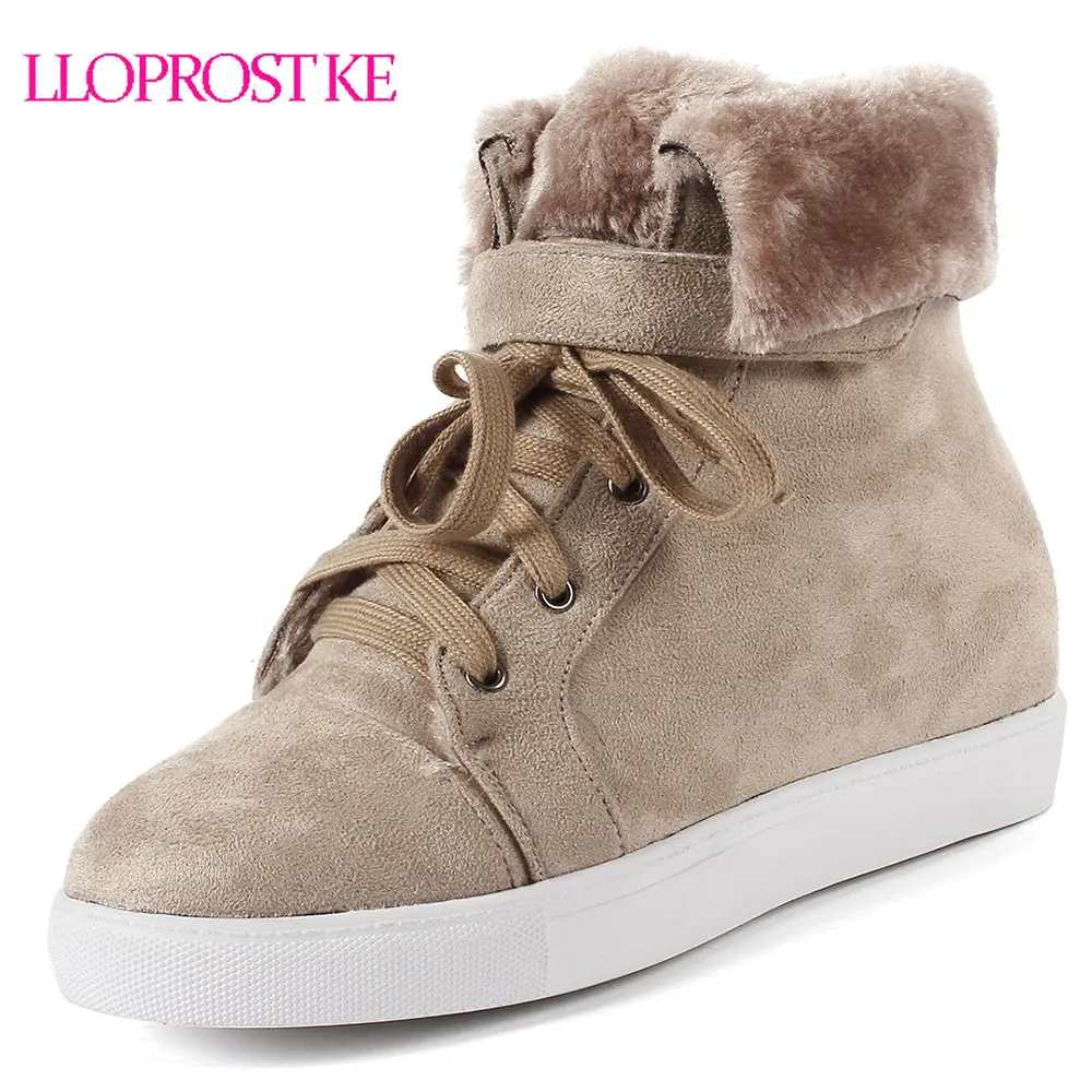 

Lloprost ke Women Boots Snow Warm Winter Boots Botas Lace Up Mujer Fur Ankle Boots Ladies Black Brown Round Toe Shoes D732
