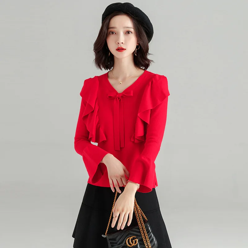 

Long sleeve pullover women fashion spring and autumn new ruffles sweet sweater flare sleeves Korean bow sweater feminino SJ1043