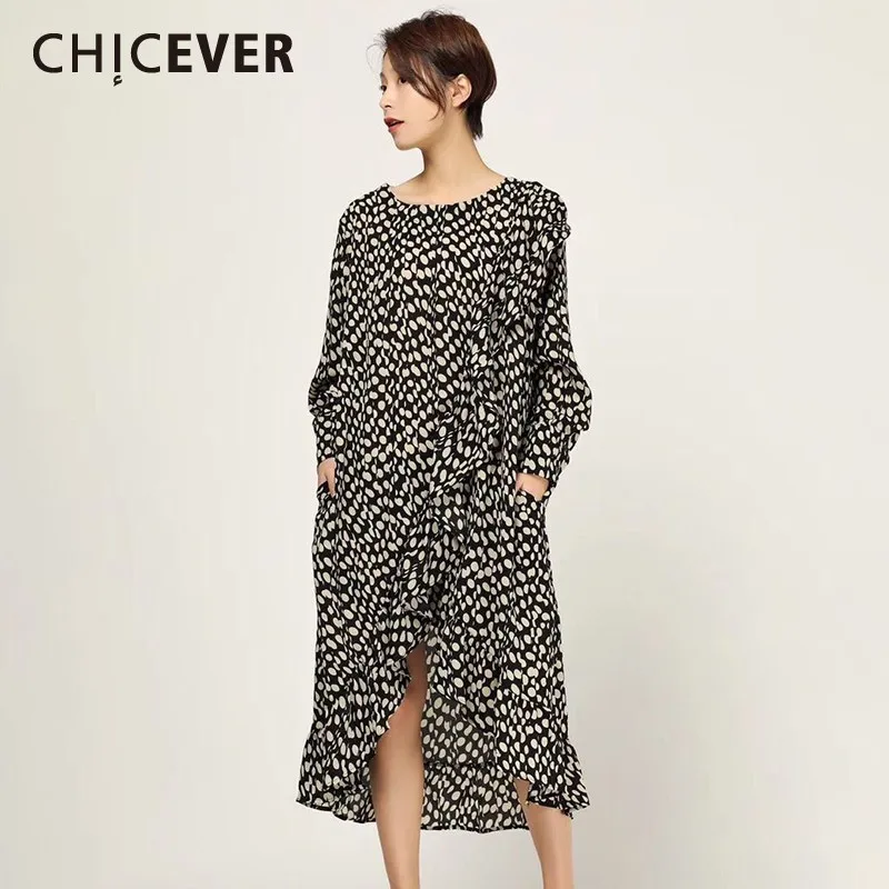 

CHICEVER Spring Vintage Print Women Chiffon Dress O Neck Long Sleeve Patchwork Cascading Ruffle Asymmetrical Hem Loose Dresses