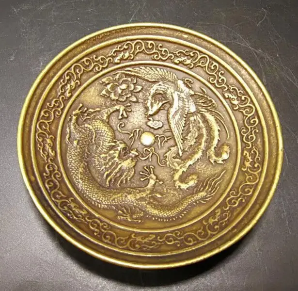 Chinese Old Brass Handmade Carved dragon and phoenix dish | Дом и сад