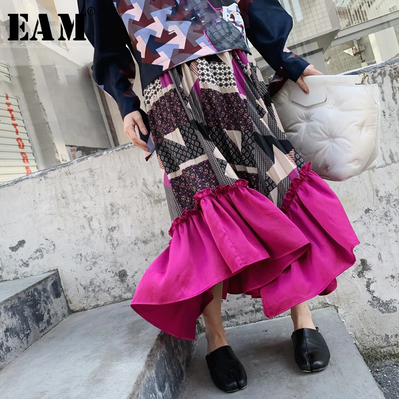 

[EAM] 2019 New Spring Summer High Elastic Waist Pattern Printed Ruffles Irregular Half-body Skirt Women Fashion Tide JS151