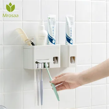 

Bathroom Sets Wall Mounted Automatic Lazy Toothpaste Dispenser 4 Toothbrush Holder Squeezer Bathroom Shelves Bathing Accessories