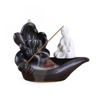 

Small Buddha Ceramic Backflow Incense Burner Lotus Flower Smoke Waterfall Stick Incense Holder Bouddha Decoration Incense Road