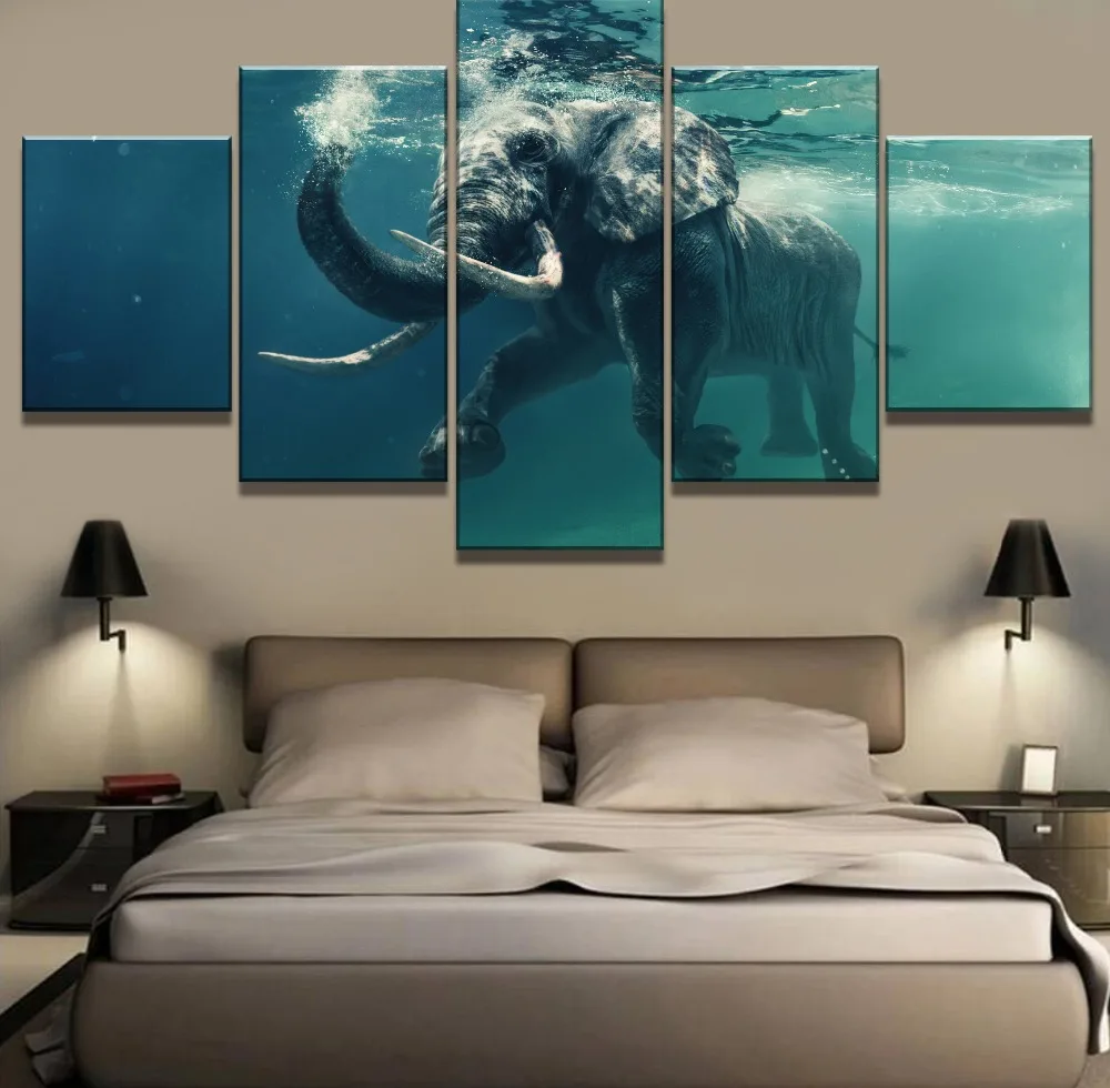 Framed 5 Piece HD Print Large Elephant Swimming Painting Canvas Wall Art Picture Home Decoration Living Room | Дом и сад