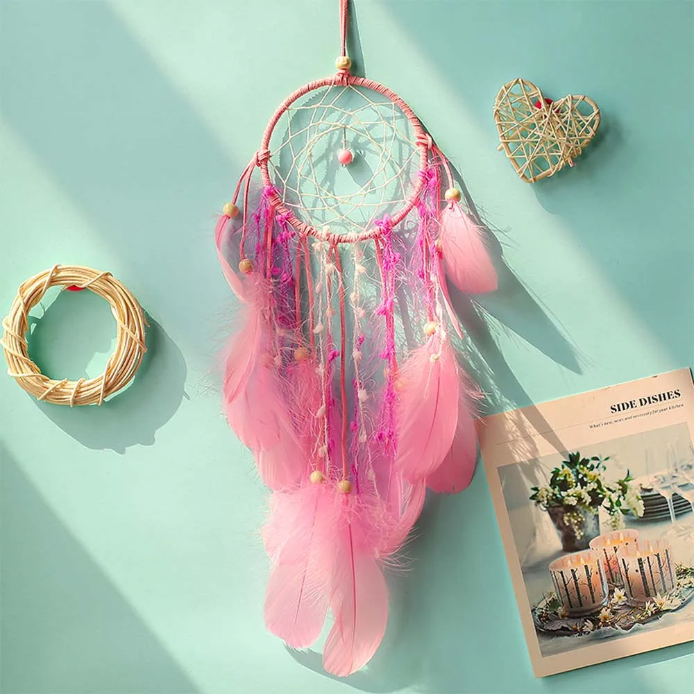 

Handmade pink feather girl heart dream catcher decorative pendant gift