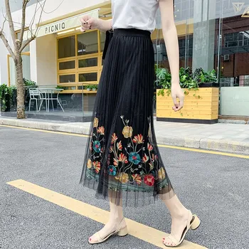 

Summer Elastic Waist Flower Embroidery Gauze Skirt Sexy Boho Elegant Black Skirts White Floral Embroidered Skirts