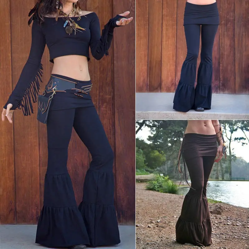 

2018 Womens Flare Pants Bell Bottom Wide Leg Flare Stretch High Waist Boho Pants Casual Solid Elastic Waist Flat Trousers