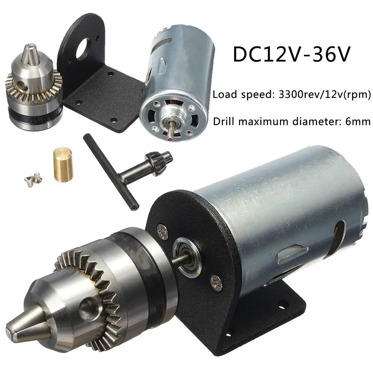 

DC 12-36V Mini Hand Drill DIY Lathe Press 555 0.6-6mm High Power Motor Chuck Bracket Tool +Bracket 3300rev/12v rpm