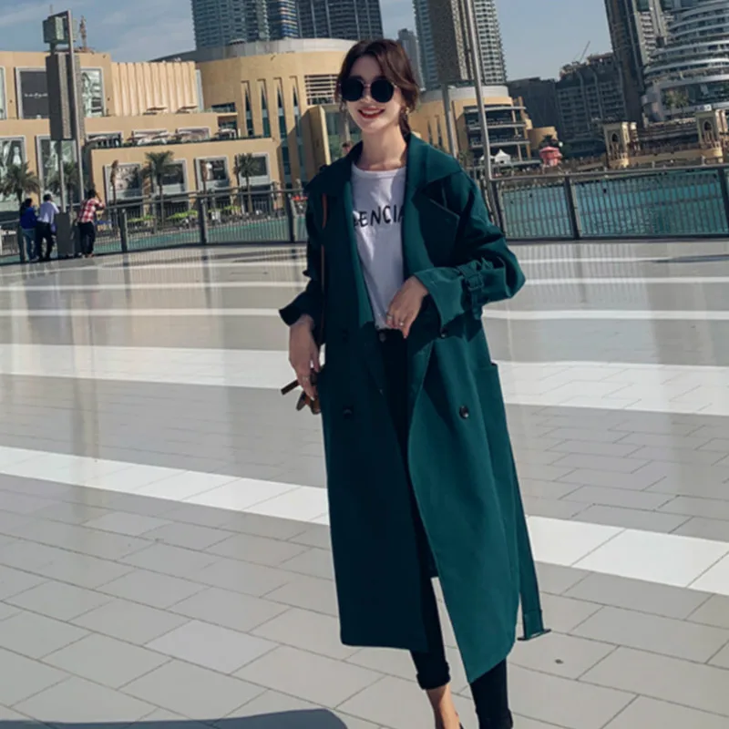Весенняя Корейская ветровка для женщин, пальто, длинный Тренч, сплошной черный женский Harajuku большой размер пальто дамский плащ Vogue