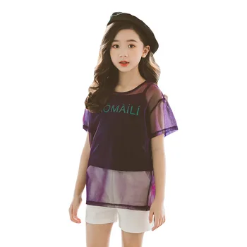 

fashion neon 3 piece set age for 2 - 18 yrs kids summer clothes gradient mesh top+vest+pants teenage girls casual school outfits