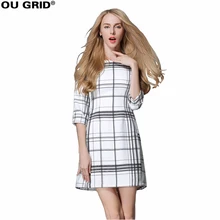 Женские Осенние И Зимние Платья Для Женщин С Большим Размером Осенние Платья С Рукавом Три Четверти И Круглым Вырезом На Шее Черные Белые Клетчатые Тонкие Платья