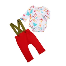 Рождественский комплект одежды для новорожденных мальчиков и девочек, комбинезон с длинными рукавами + штаны