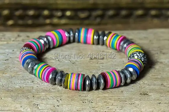 

Boho Chic Gunmetal Pave Beads Roundel Silver Plated Hematite African Vinyl Beads Stretch Stacking Bracelet