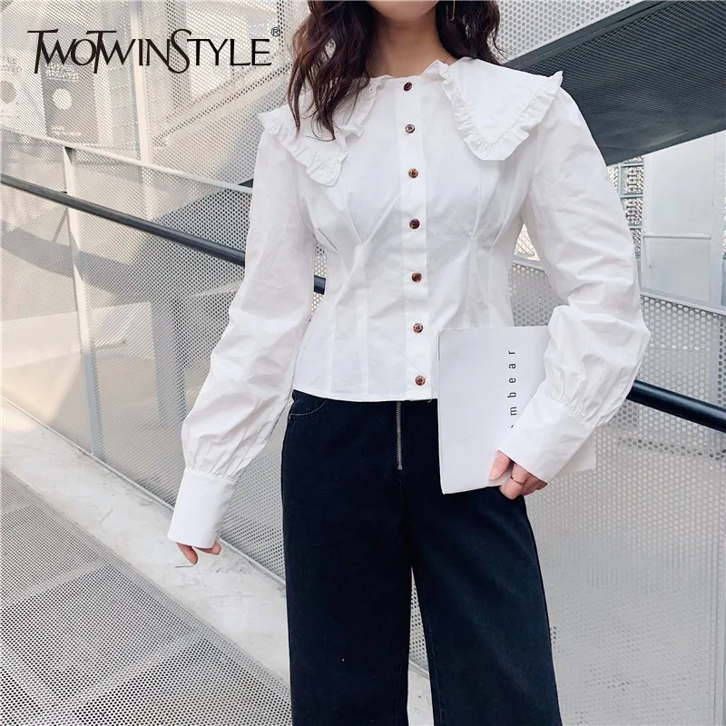 TWOTWINSTYLE Korean Ruffle Collar Shirts For Women Puff Long Sleeve White Blouse Top Female Fashion New 2019 Spring Clothes |
