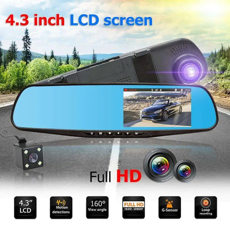 

Quelima 4.3" TFT Dual Len HD Car SUV DVR Video Dash Camera 1080P Waterproof G-Sensor Video Tachograph Cam Driving Recorder 2019