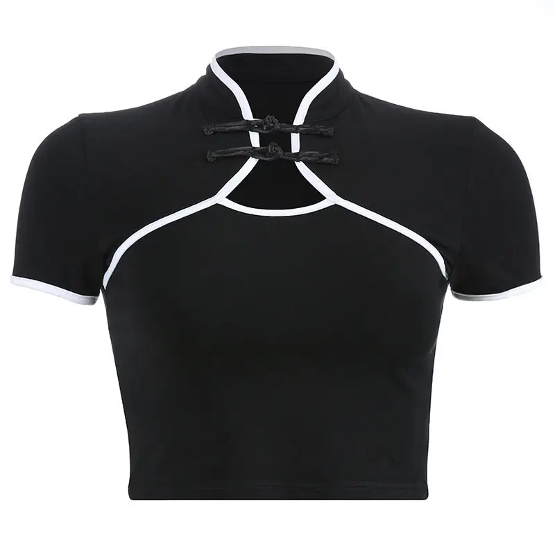 

Sexy Tee Shirt Women 2019 New Fashion Chinese Vintage Elegant Slim Goth Crop Top Simple Hollow Streetwear Summer Casual T Shirts