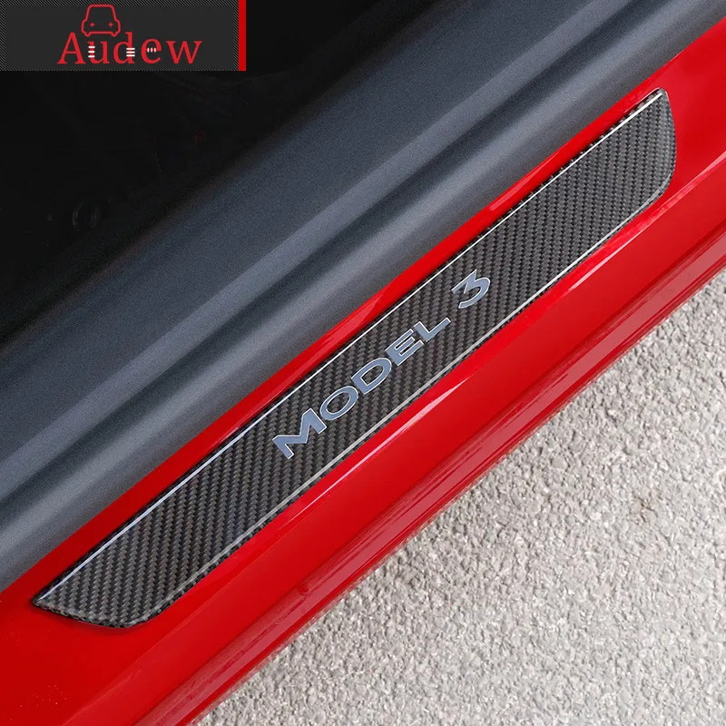 

2Pcs Car Carbon Fiber PU Door Sills Wrap Protection Pedal Cover Carbon Fiber Stickers Interior Protection Kit For Tesla Model 3