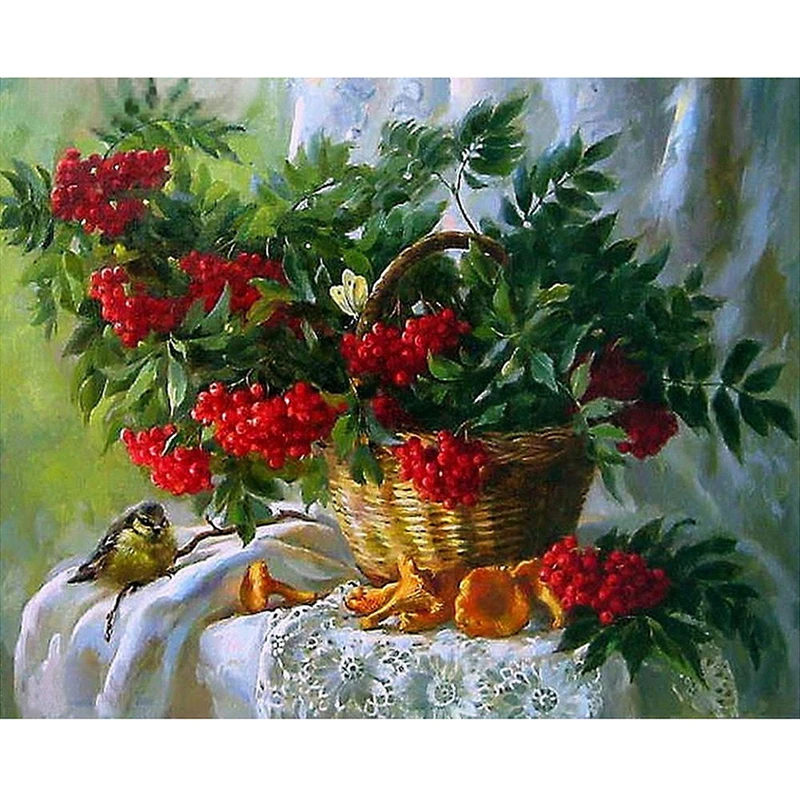 

DIY 5D Diamond Embroidery Painting Cross Stitch Kit Flower Animal Home Decor Red Flower basket berries