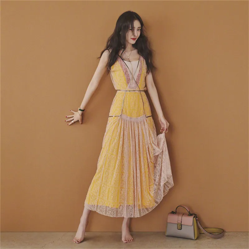 

Brand Lace Patchwork Yellow Dress V Neck 2019 Summer Women Midi Dress Sleeveless Tank Sexy Chic Bodycon Dress A-line Party