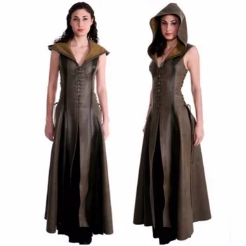 

2019 New Pattern Hooded Sleeveless Long Leather Cosplay Dresses Woman