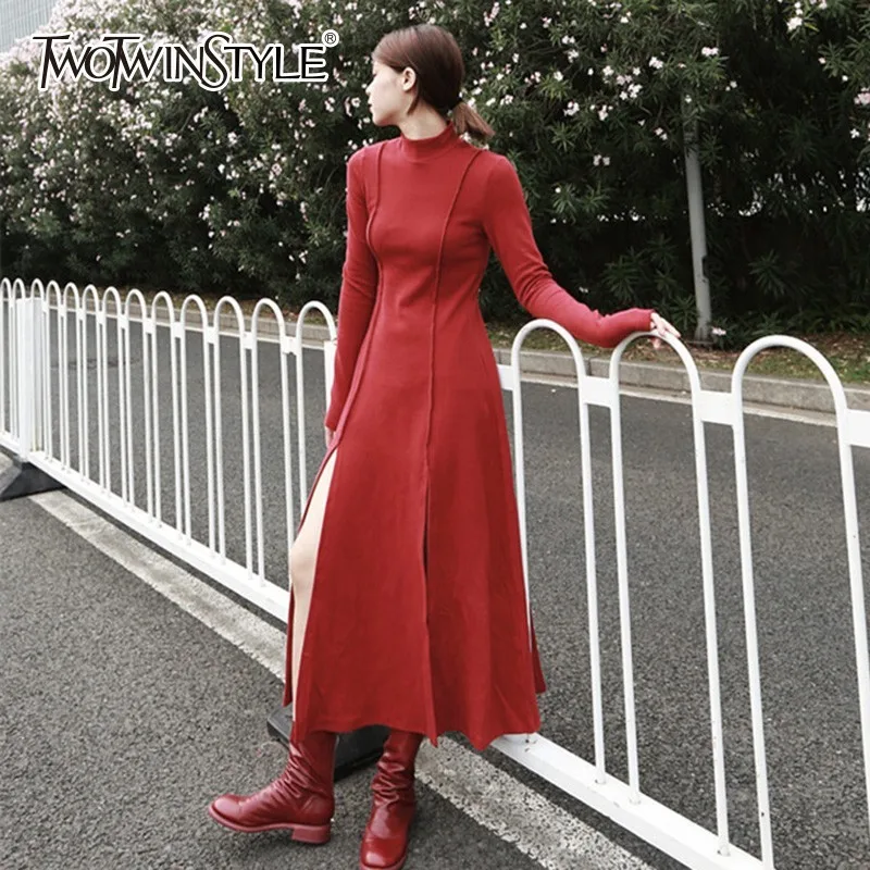 

TWOTWINSTYLE 2019 Spring Turtleneck Dress Female Long Sleeve Plus Thick Split Irregular Dresses Women Korean Fashion Clothes