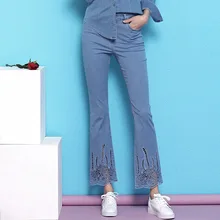 Джинсовые расклешенные брюки mujer, весна, Новое поступление, стройнящие повседневные джинсы длиной до щиколотки с цветком, NW19B6034