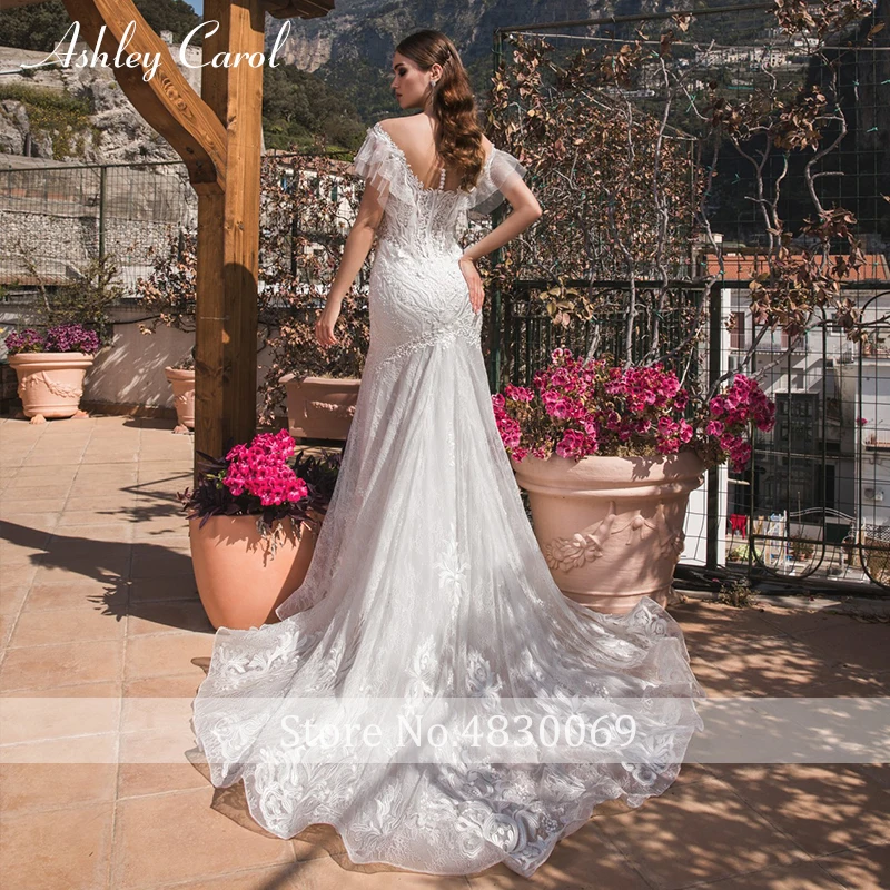 Ashley Carol романтическое кружевное свадебное платье Русалка Глубокий v-образный вырез с открытыми плечами со шлейфом винтажное свадебное платье для невесты Robe De Mariage