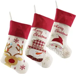 Прекрасный Рождество набор чулок 3 Санта, снеговик, олень, Рождественский персонаж 3D Плюшевые Лен висит тег вязать границы