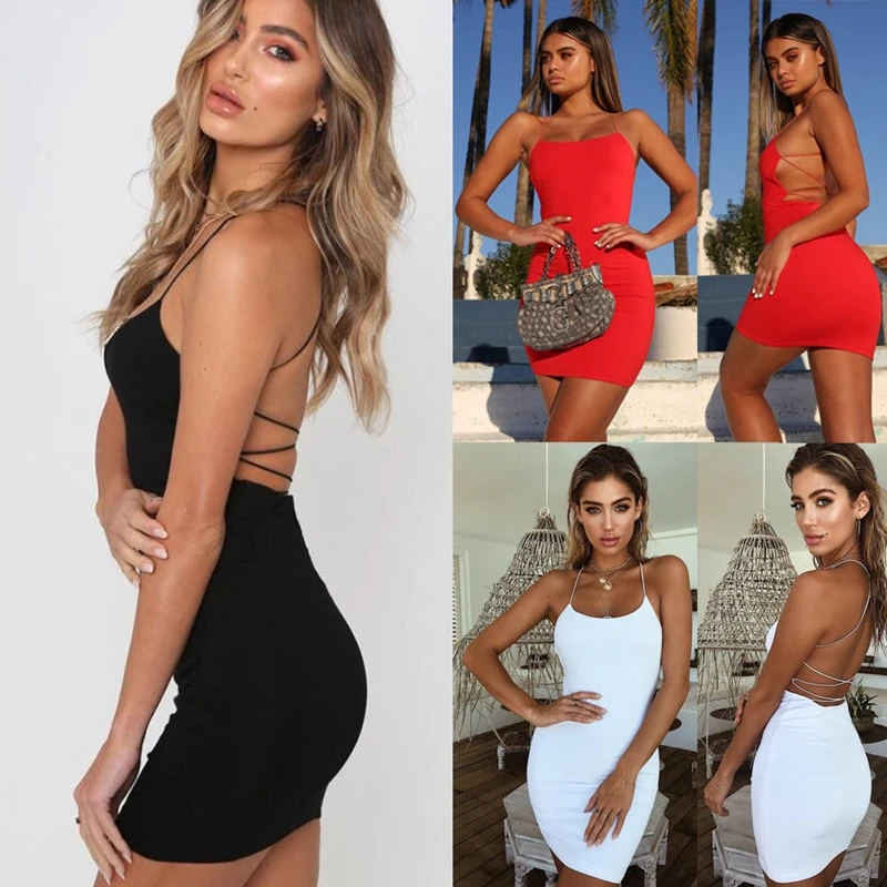

Womens Sexy Summer Backless Cross O Neck Solid Mini Dress Beach Wear Ladies Party Casual Dress