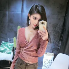 Рубашка с длинным рукавом Женская Эстетическая Сексуальная и Клубная однотонная короткая v-образный вырез осень зима винтажная мода новая бандажная облегающая Корейская ulzzang