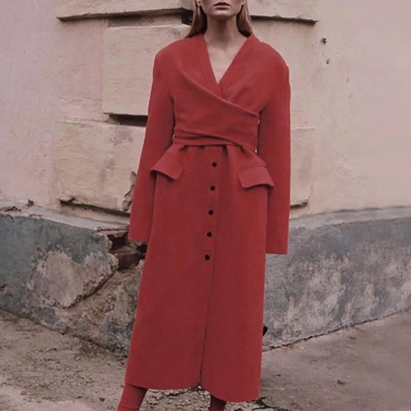 TWOTWINSTYLE Autumn Winter Women's Wool Coats V Neck Long Sleeve High Waist Bandage Coat Female Fashion Casual Clothes New